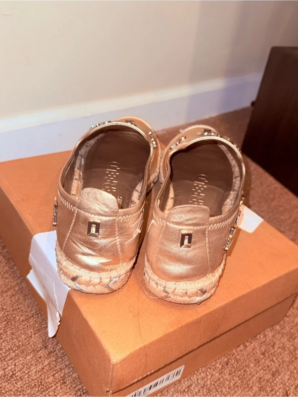 Karl Lagerfeld Metallic Gold Espadrille Slip-Ons with Character & Heart Accents